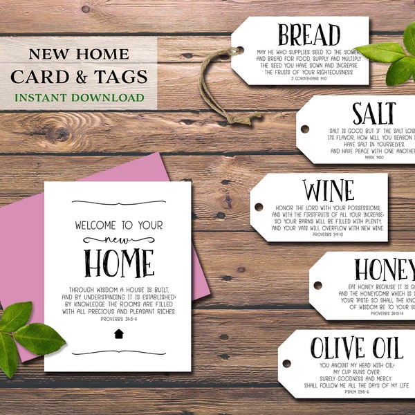 Christian Housewarming Card & Gift Tags. Bread Salt Wine. Instant download printable. New Home Owner basket idea. Welcome church worker.