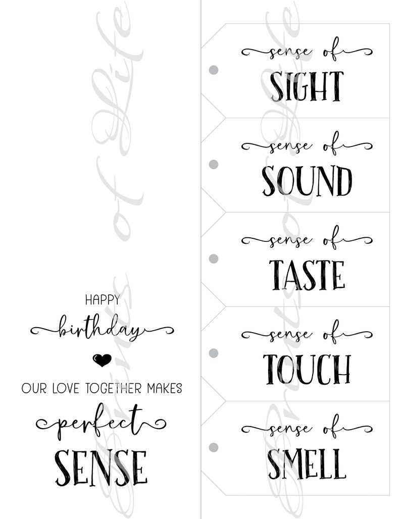 5 Senses Gift Tags & Card. Five Senses Birthday gift. Instant download printable. For him, her, husband, wife, spouse. Romantic gift idea. image 3