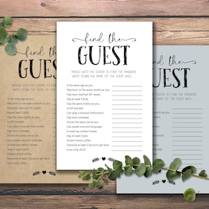 Encuentra al invitado. Descarga instantánea imprimible. Juego de despedida de soltera. Juego de baby shower. Juego de fiesta de Navidad. Tarjetas de ideas para fiestas Rustic Chic Fun.