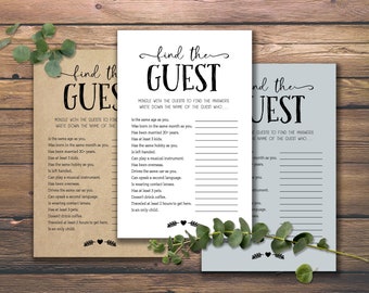 Find the Guest. Instant download printable. Bridal Shower Game. Baby Shower Game. Christmas party game. Rustic Chic Fun party idea cards.