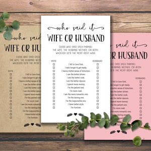 Puede incluir: Un juego imprimible para una despedida de soltera o una fiesta de bodas. El juego se llama "&iquest;Qui&eacute;n lo dijo: la esposa o el esposo?" y tiene una lista de preguntas para que los invitados adivinen qui&eacute;n dijo cada frase. El juego est&aacute; impreso en tres papeles de colores diferentes: marr&oacute;n, blanco y rosa.