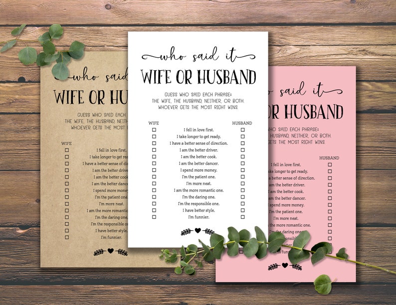 Puede incluir: Un juego imprimible para una despedida de soltera o una fiesta de bodas. El juego se llama "&iquest;Qui&eacute;n lo dijo: la esposa o el esposo?" y tiene una lista de preguntas para que los invitados adivinen qui&eacute;n dijo cada frase. El juego est&aacute; impreso en tres papeles de colores diferentes: marr&oacute;n, blanco y rosa.