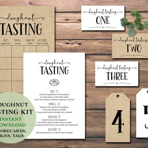 May include: A printable doughnut tasting kit with scorecards, signs, and tags. The kit includes a scoring sheet with categories for appearance, aroma, flavor, and score. The kit also includes signs for each doughnut, numbered 1 through 5.