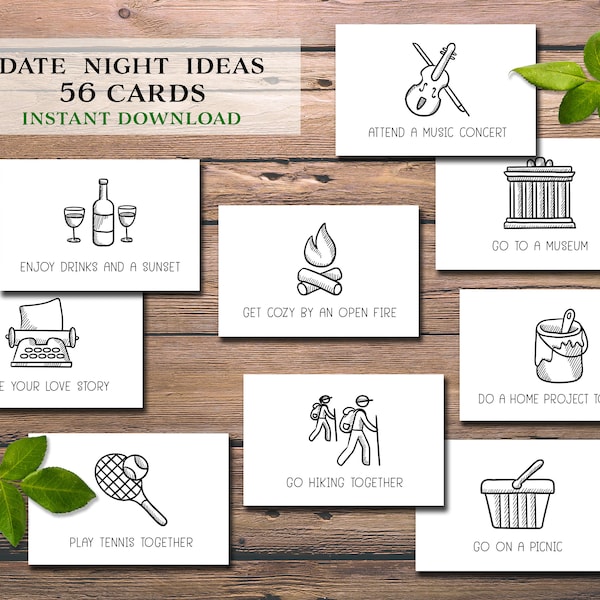 Date Night Idea Cards. Instant download printable. Wedding gift. Bridal shower. Christmas Birthday Anniversary Valentine's Day for him her.