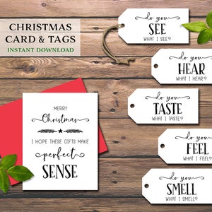 Etiquetas e cartão para presentes de Natal 5 sentidos. Download instantâneo para impressão. Cinco para ele, ela, marido, esposa, cônjuge, filhos. Você vê o que eu vejo?