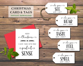 Christmas 5 Senses Gift Tags & Card. Instant download printable. Five for him, her, husband, wife, spouse, kids. Do you see what I see?