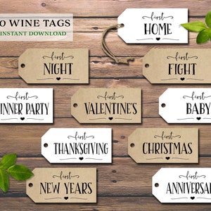 Marriage Milestone wine gift tags. Instant download printable. Rustic wedding firsts gift for bride groom. Bridal shower cards. Wine labels. image 1