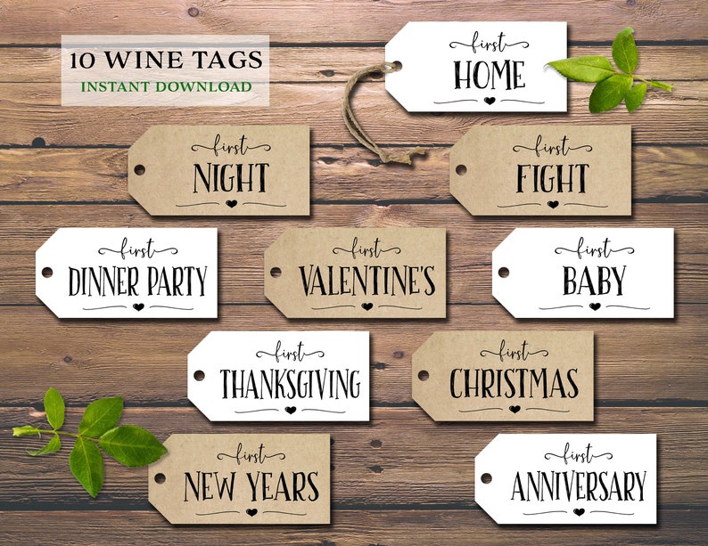 Marriage Milestone wine gift tags. Instant download printable. Rustic wedding firsts gift for bride groom. Bridal shower cards. Wine labels. image 1