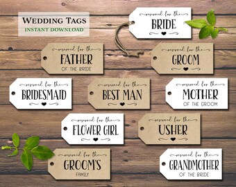 Reserved seat tags. Instant download printable. Rustic chic wedding place setting cards. Reception table reservation tags. Ceremony chair.