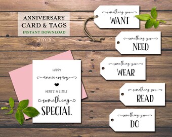 Anniversary Tags & Card. 4 or 5 Gift Rule. Instant download printable. Five Four Gifts for him her husband wife spouse. 5 senses gift tags.