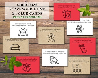 Christmas Scavenger Hunt. Instant download printable. Kids home activity. Adult date night ideas. Indoor treasure hunt. House clue cards.