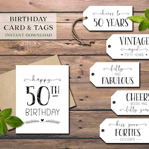 50 Jahre Geburtstagskarte & Geschenkanhänger. Sofortiger Download zum Ausdrucken. Große 50 Milestone Weinanhänger. Fröhliche 50-jährige Geburtstagsparty. Fünfzigste lustige Etiketten