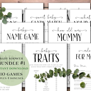 Paquete de juegos de baby shower 1. Descarga instantánea imprimible. Paquete de juegos de bebé simple. Ideas de ducha. Gracias tarjetas. Paquete de juego. Invita a insertar.