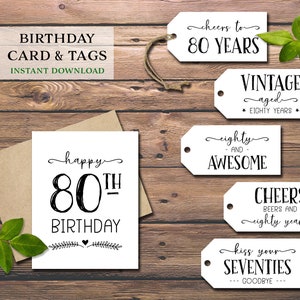 Carte d'anniversaire 80 ans et étiquettes cadeaux. Téléchargement instantané imprimable. Grandes étiquettes de vin 80 Milestone. Bonne fête d'anniversaire de quatre-vingts ans. Quatre-vingtième étiquettes amusantes