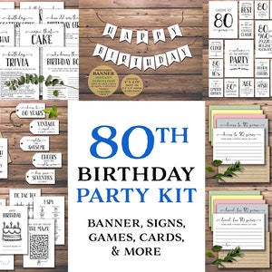 Feestpakket voor 80e verjaardag. Instant download afdrukbaar. Banner, Borden, Kaarten, Labels, Spellen, Activiteitenboek voor kinderen, Al 80 jaar geliefd, Proost op 80