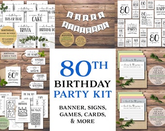 80er Geburtstag Party Kit. Sofortiger Download zum Ausdrucken. Banner, Schilder, Karten, Tags, Spiele, Kinderaktivitätsbuch, geliebt seit 80 Jahren, Prost auf 80