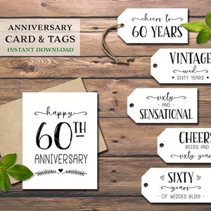 Carte 60e anniversaire et étiquettes cadeaux. Téléchargement instantané imprimable. 60 étiquettes de vin de mariage Milestone. Bonne fête de soixante ans Soixantième étiquettes drôles