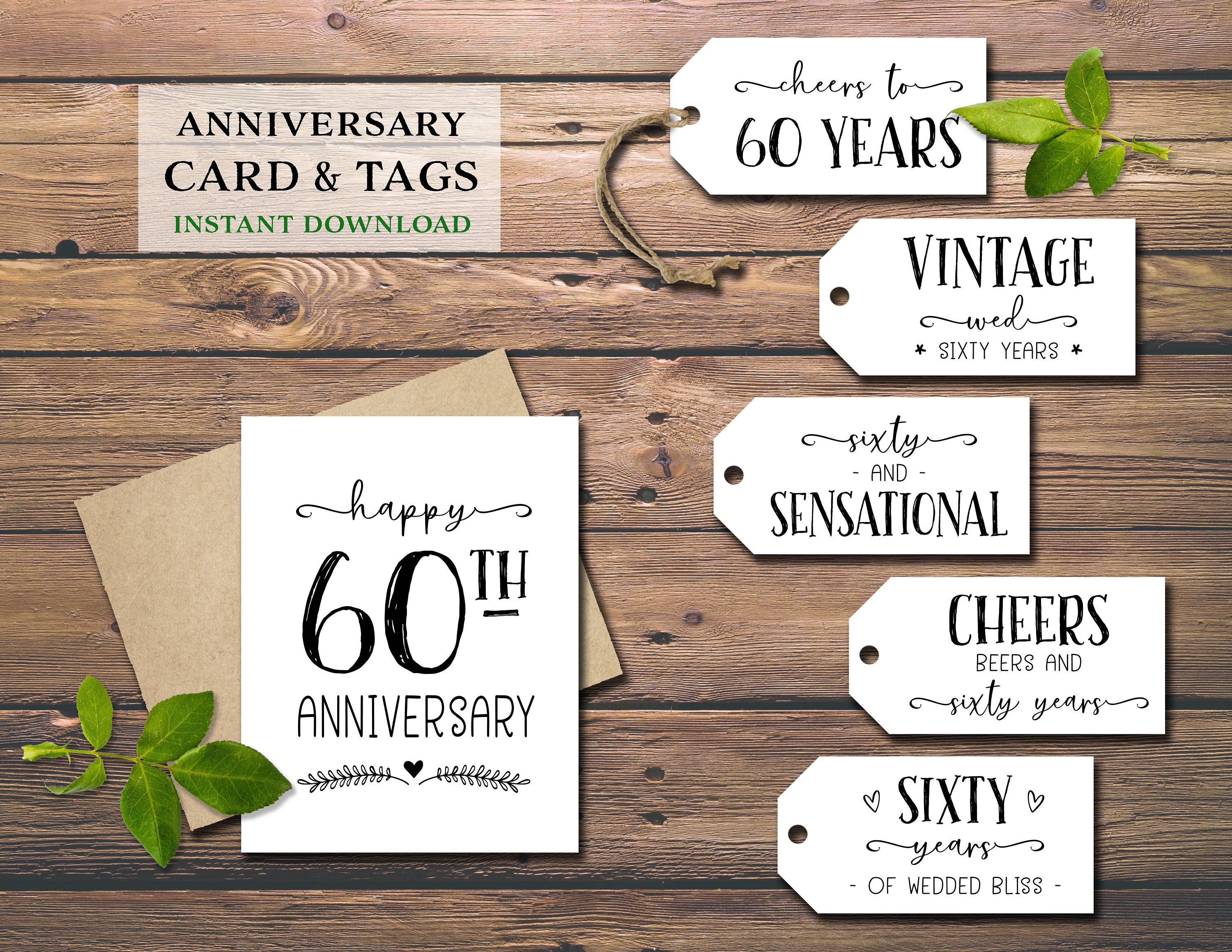 60th Anniversary Card &amp; Gift Tags. Instant Download Printable. - Etsy