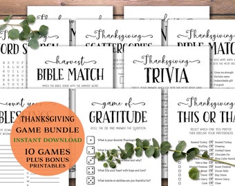 Thanksgiving Party Games Bundle. Instant download printable. Trivia, Charades. Gratitude Game. This or That. Scattergories. Bible Match.
