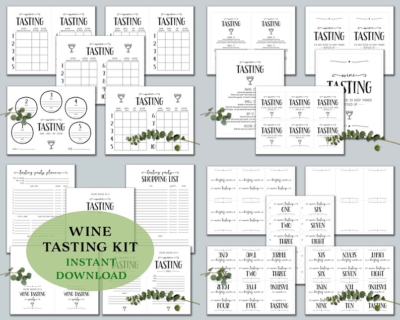 May include: A printable wine tasting kit with black and white text and graphics. The kit includes a wine tasting scorecard, a shopping list, and a set of cards with numbers one through ten. The text on the cards reads "Wine Tasting".