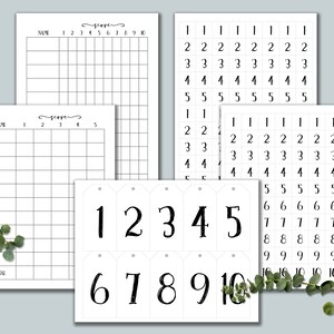 May include: Black and white printable scorecards with numbers 1 through 10. The scorecards are designed for a game or activity. There are also black and white printable number tags with numbers 1 through 10.
