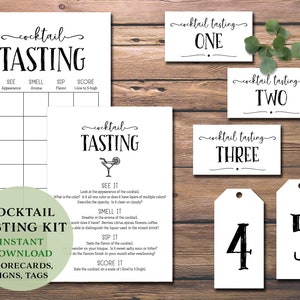 Kit per festa di degustazione di cocktail. Download immediato stampabile. Carta segnapunti, tovaglietta, etichette, pacchetto di carte. Serata tra ragazze, idea per un appuntamento notturno.