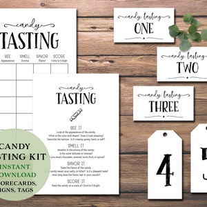 May include: Printable candy tasting game kit with scorecards, signs, and tags. The kit includes a scorecard with categories for appearance, smell, savor, and score. The signs and tags are numbered 1 through 5.