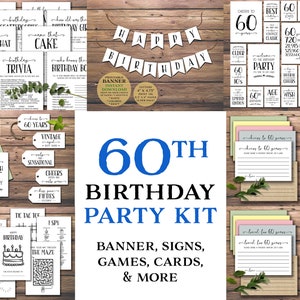 Feestpakket voor 60e verjaardag. Instant download afdrukbaar. Banner, Borden, Kaarten, Tags, Spellen, Activiteitenboek voor kinderen, Al 60 jaar geliefd, Proost op 60