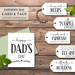 Carte et étiquettes cadeaux Happy Dad's Day. Téléchargement instantané imprimable. Fête des pères. Bière, Grill, Golf, Café, Cravate, Biscuit, Constructeur. Balises amusantes.