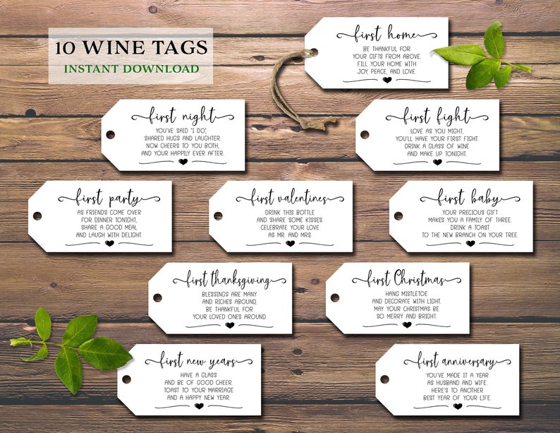 Marriage Milestone wine gift tags. Instant download printable. Rustic wedding firsts gift for bride groom. Bridal shower cards. Wine labels. image 1