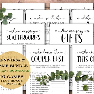Puede incluir: Un paquete de juegos imprimibles para una fiesta de aniversario. El paquete incluye 10 juegos e imprimibles adicionales. Los juegos incluyen "Anniversary Scattergories", "Qui&eacute;n conoce mejor a la pareja", "Anniversary Gifts", "Esto o aquello", "Noches de citas de la A a la Z", y "Anniversary Word Search".