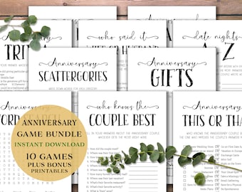 Anniversary Party Games Bundle. Instant download printable. Trivia, This or That, Scattergories, Word Search, Gifts, How many Kisses.