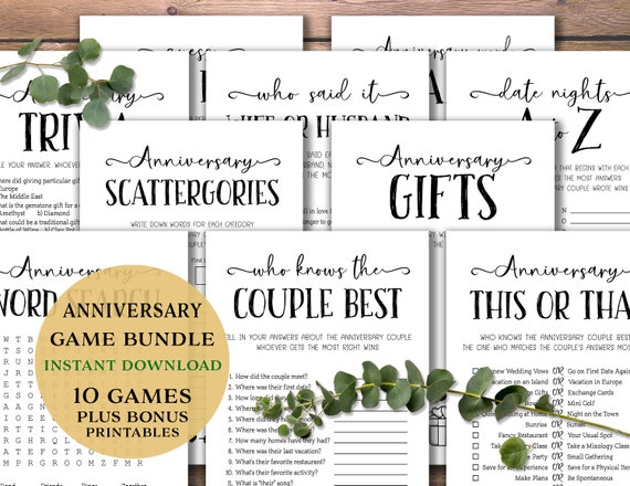 Anniversary Party Games Bundle. Instant download printable. Trivia, This or That, Scattergories, Word Search, Gifts, How many Kisses.