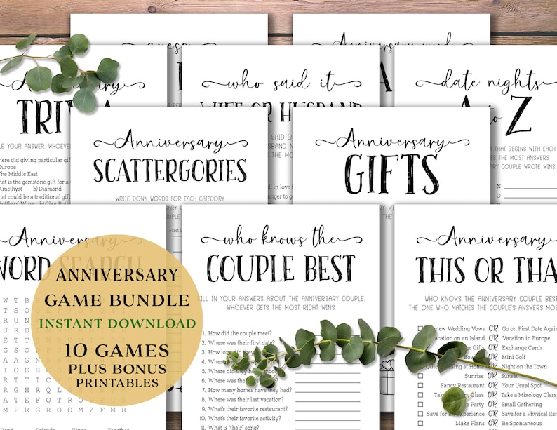 Puede incluir: Un paquete de juegos imprimibles para una fiesta de aniversario. El paquete incluye 10 juegos e imprimibles adicionales. Los juegos incluyen "Anniversary Scattergories", "Qui&eacute;n conoce mejor a la pareja", "Anniversary Gifts", "Esto o aquello", "Noches de citas de la A a la Z", y "Anniversary Word Search".
