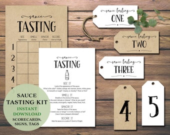 Sauce Tasting Party Kit. Instant download printable. Score sheet, place mat, labels tags, card bundle. Hot sauce, BBQ, Cocktail, Tomato.