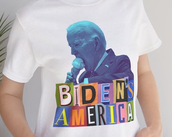 Funny Joe Biden Ice cream T-Shirt | Biden's America Political Satire T-shirts | Biden eating Ice cream cone | magazine letter cutouts