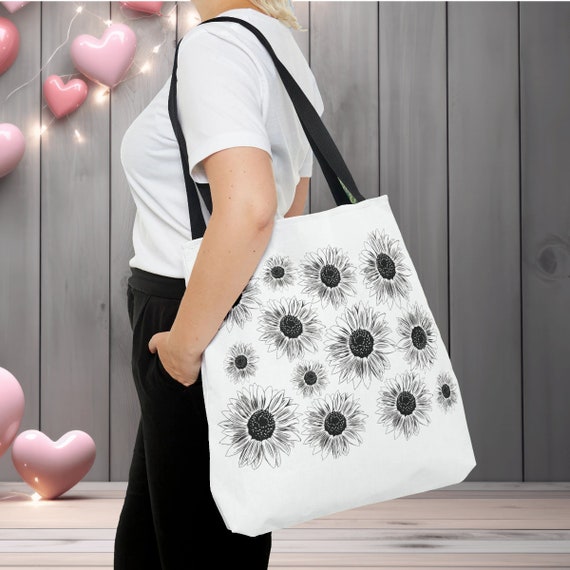 ひまわりバッグ、春の花の花柄トートバッグ、黒と白の花のバッグ 