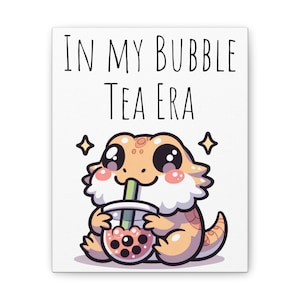 Bearded Dragon Bubble Tea Era Kawaii Style Wall Art, Boba drink stretched canvas Japanese cartoon style for amphibian reptile animal lovers