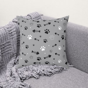 Kitty Print Square Pillow, Gray Cat Pillow, Pet Print Pillow, pootafdrukkussen, kittykussen, huisdierpoten, visgraat grafisch kussen -