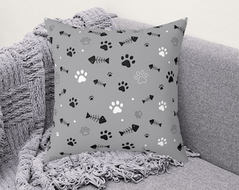 Kitty Print Square Pillow, Grey Cat Pillow, Pet Print Pillow, paw print pillow, kitty pillow, pet paws, fishbone graphic pillow -