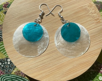 Tropical Blue White Shells, Round flat layered earrings, Tropical Beach Shell Jewelry shiny dangles, oceanic protection, strength and purity