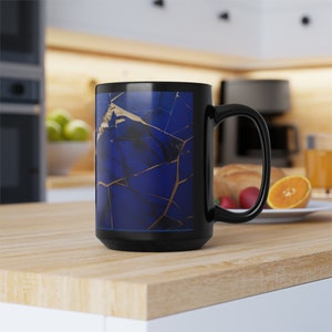 Stylish Blue, Black, and Gold Kintsugi Mug - Traditional Japanese Pottery Repair Art - 11oz Coffee Cup