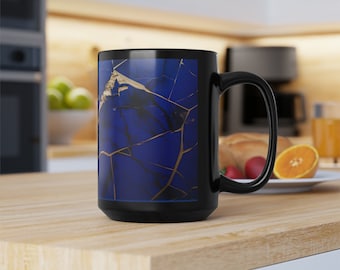 Stylish Blue, Black, and Gold Kintsugi Mug - Traditional Japanese Pottery Repair Art - 11oz Coffee Cup