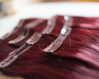 Clip In Hair Extensions 15" Long Maroon Wine Color 100% Human