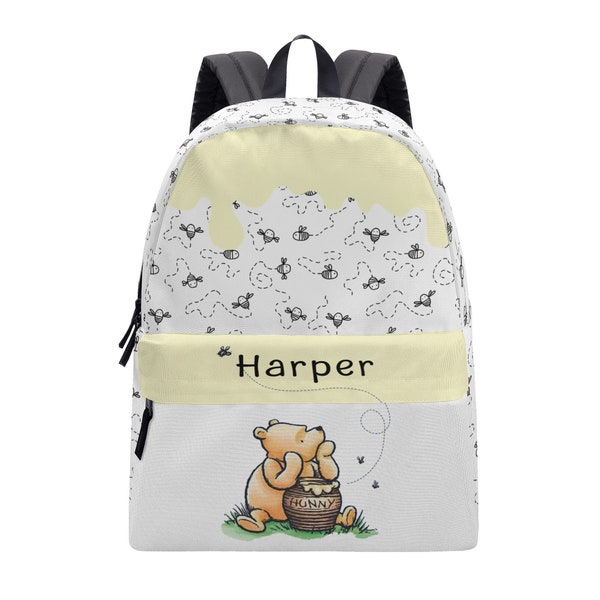 Personalized Pooh Bear Cotton Backpack, Custom School Bag, Kids Backpack, Laptop Bag, Student Bag, Travel Bag, Baby Bag