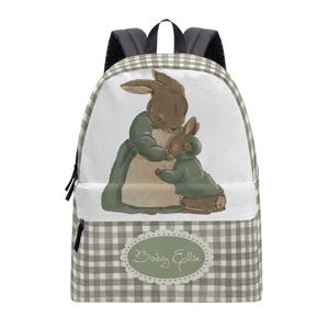 Charming Personalised Backpack Featuring Gentle Peter Rabbit Illustration and Green Checkered Design