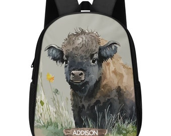 Custom Cow Kids Backpack, School Backpack, Travel Bag, Personalized Backpack for Kids, Cute Cow Design, Highland Cow, Farm Animal