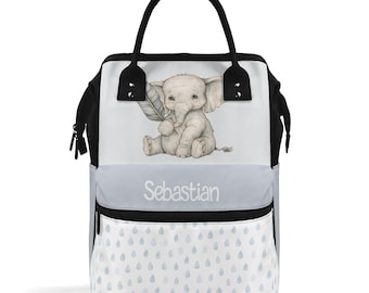 Gepersonaliseerde luiertas/rugzak met olifantenprint, schattige reistas met regendruppelmotief voor mama, grijs en blauw, multifunctionele organizer voor de babykamer