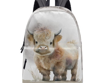 Personalized Cow Cotton Backpack, Custom baby bag, Kids Backpack, Cute Highland Cow Design, Travel Bag, Unisex, Nappy Bag with Name