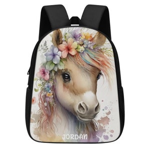 Custom Horse Kids Backpack, School Backpack, Travel Bag, Personalized Backpack for Kids, horse with flowers, custom girl gift